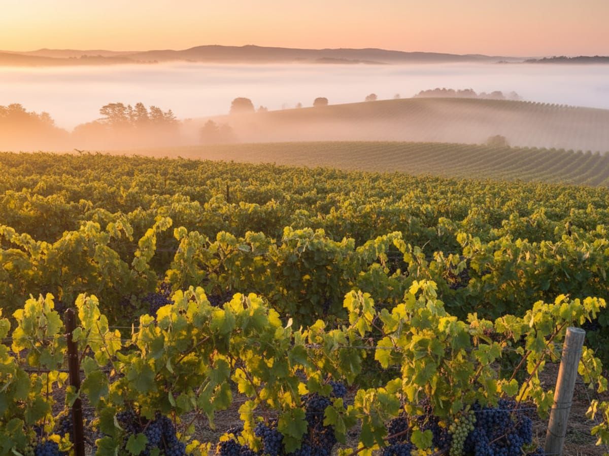 Thriving Sonoma vineyard with golden sunset light showcasing prosperous wine country business