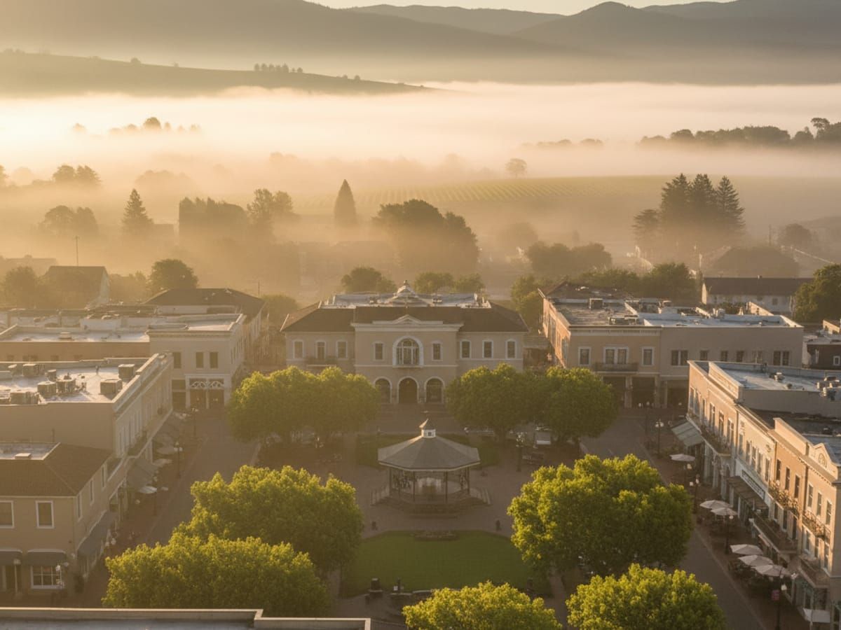 Healdsburg town plaza surrounded by vineyards and wine country estates
