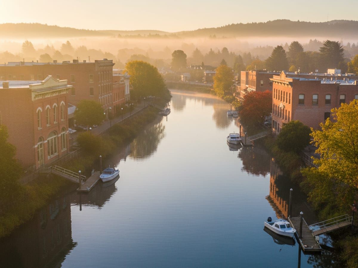 Petaluma River with historic downtown and charming waterfront