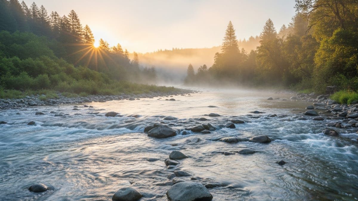 Russian River flowing through lush Sonoma County landscape at dawn