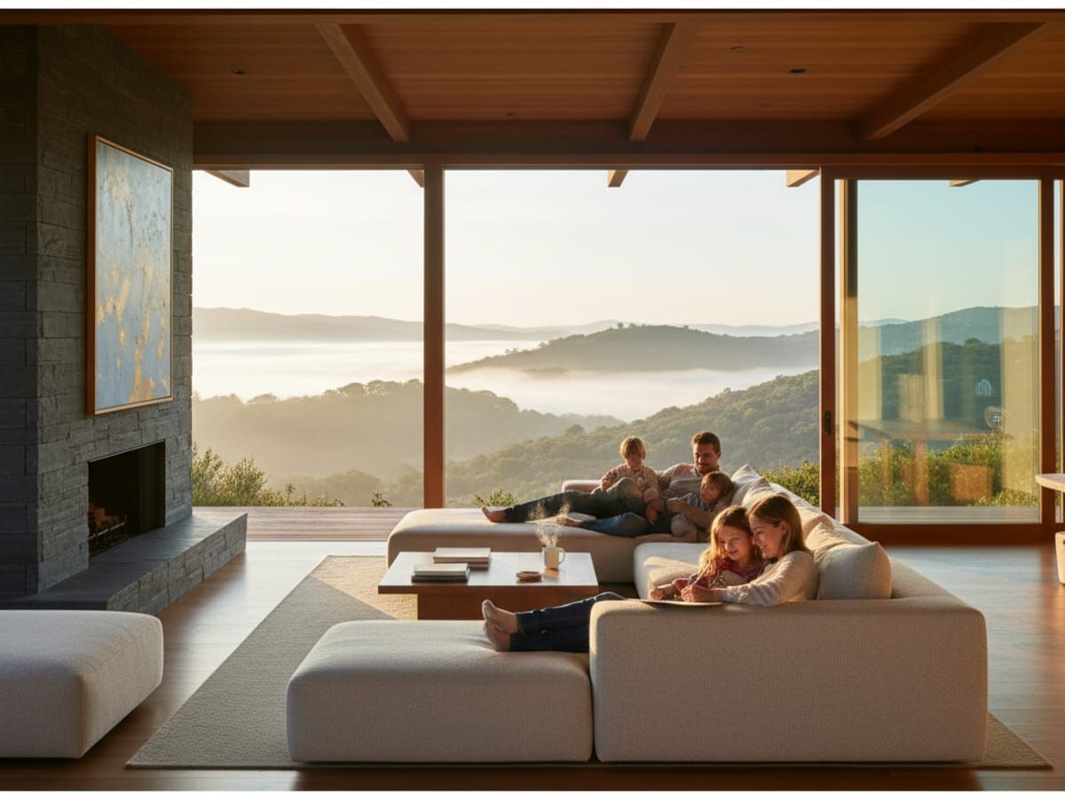 Young family relaxing peacefully in their Sonoma home with natural light